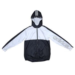 Adidas Windbreaker Jacket Youth L 14/16 Black White Full Zip Hooded Logo Retro